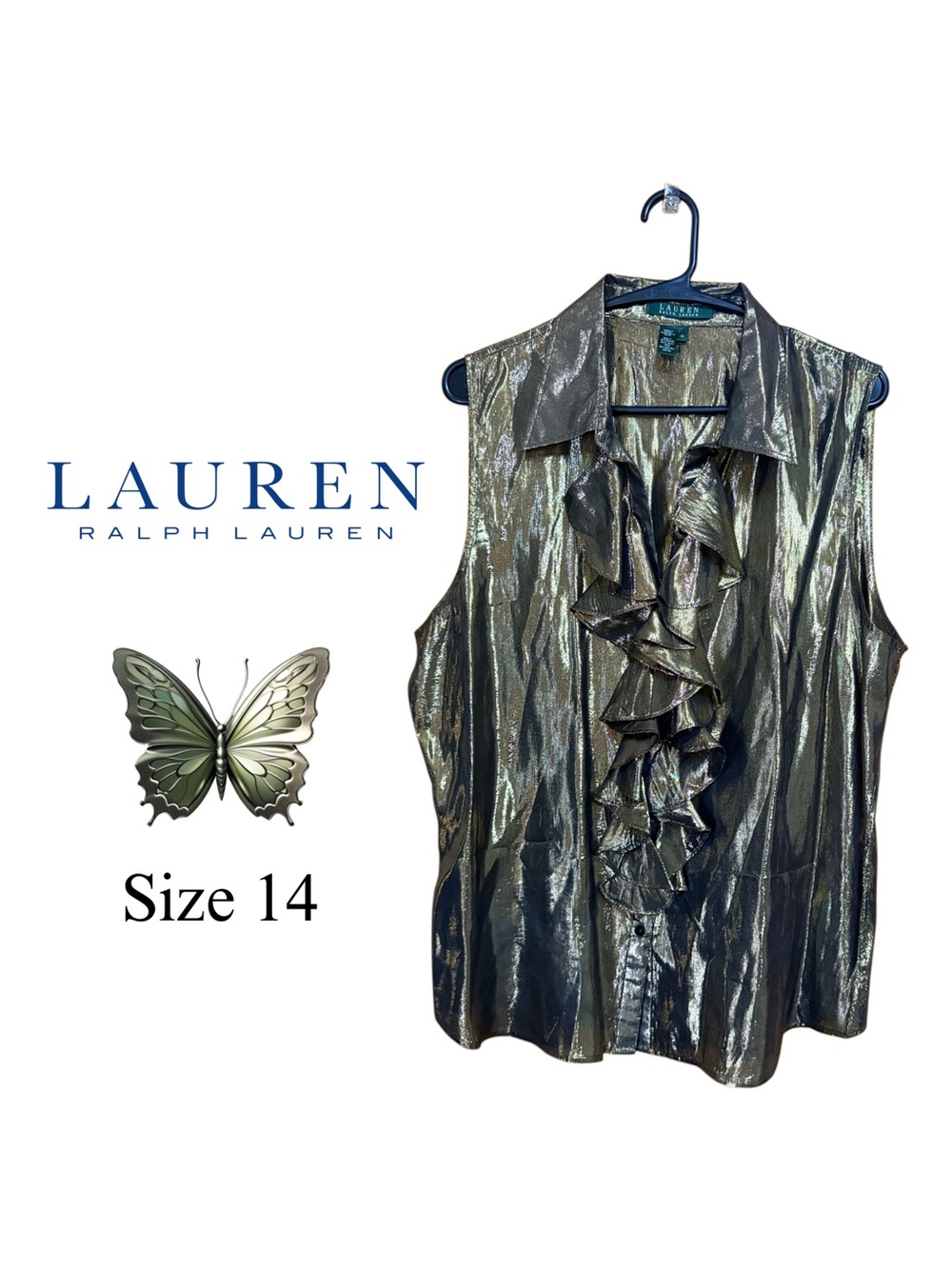 ✨ Lauren Ralph Lauren Olive Metallic Ruffle Blouse | Luxe Silk Blend Glam ✨